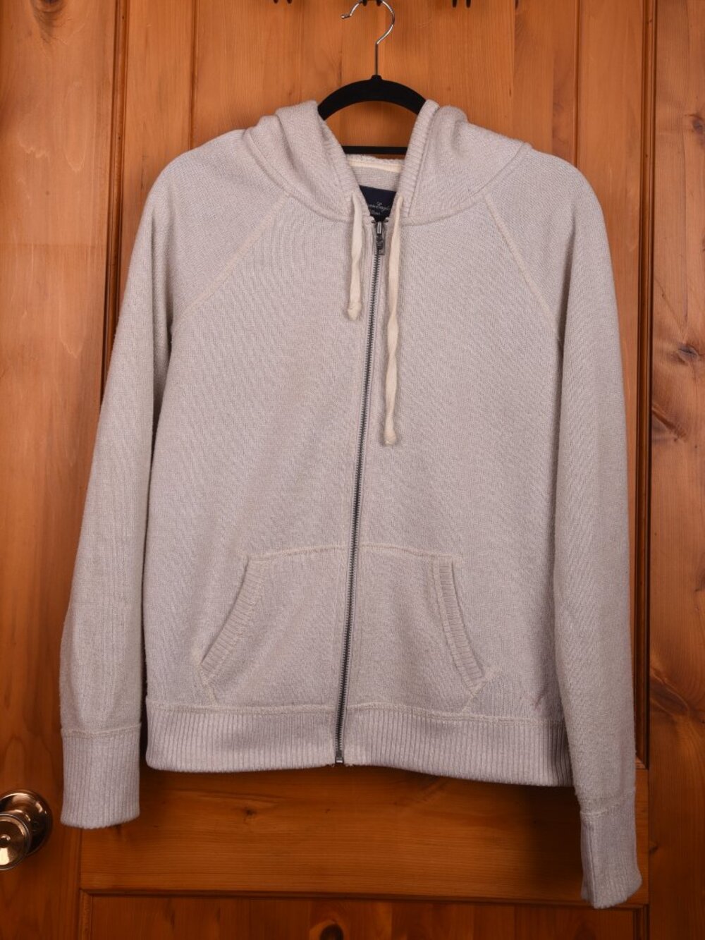 American Eagle Cream Zip Up Hoodie Waffle Knit Shaker Sweater Fleece Lined Large